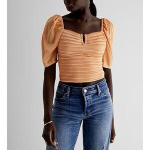 Express Women's Satin V-Bar Puff Sleeve Ruched Pleated Top Apricot Sz XS NWT $58